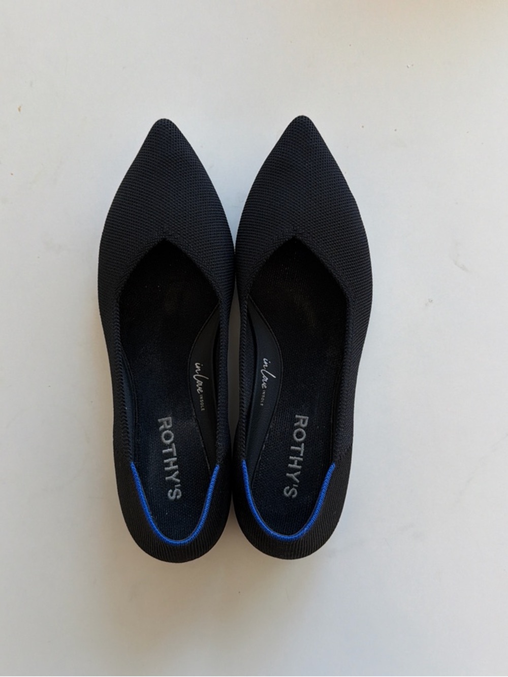 Rothy's Black Pointed-Toe Flats with Blue Trim